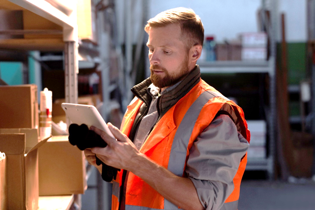 operatore logistico consulta un tablet all'interno di un magazzino